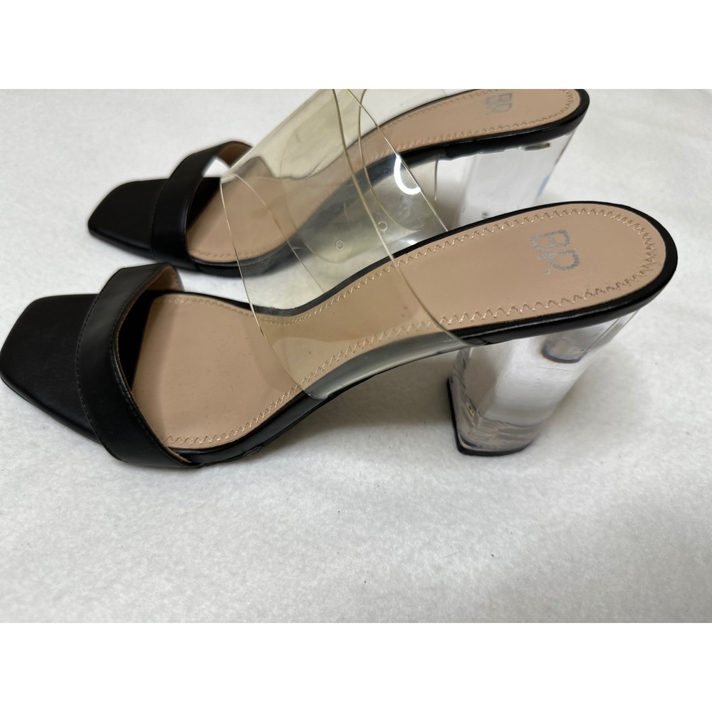 Block Heel Sandals Womens 9.5 Black Clear Lucite Strap Square Toe Good